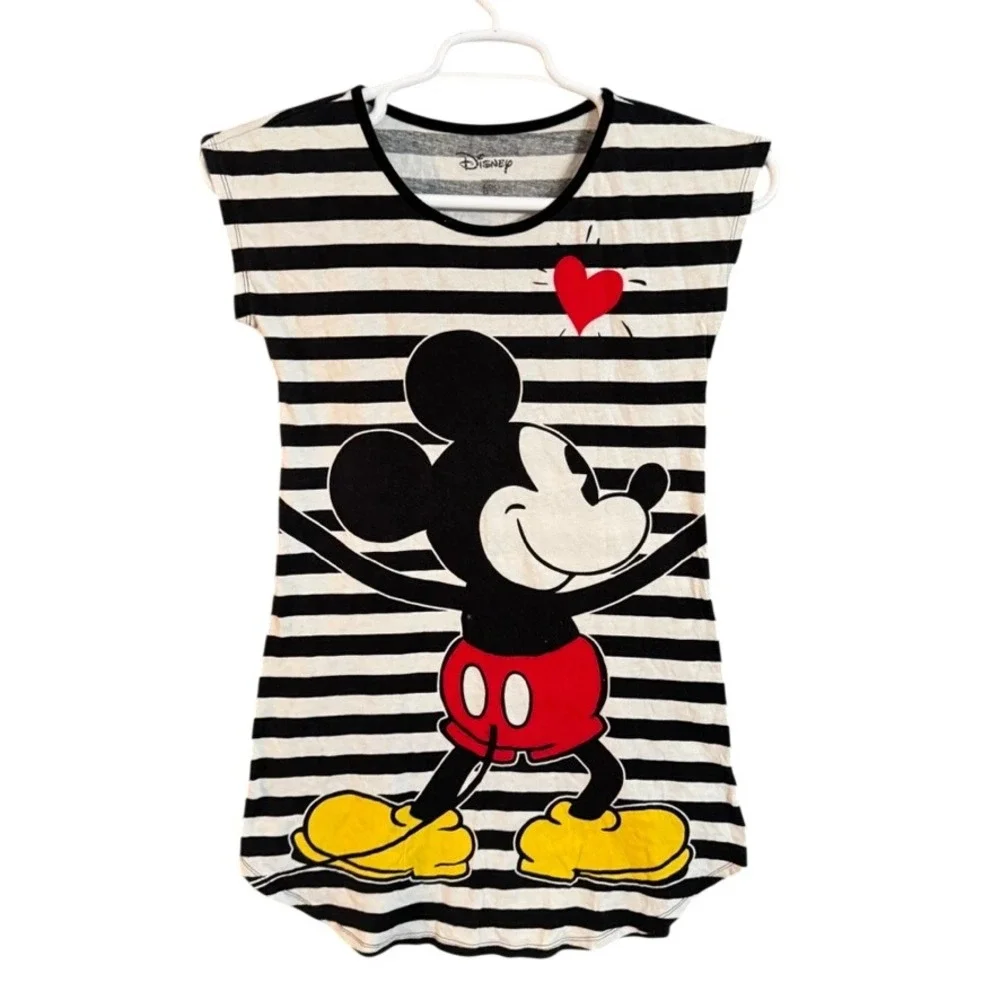 Disney Mickey Mouse Striped Sleep Shirt Nightgown Black White Small 3/5 Cotton - Picture 1 of 7